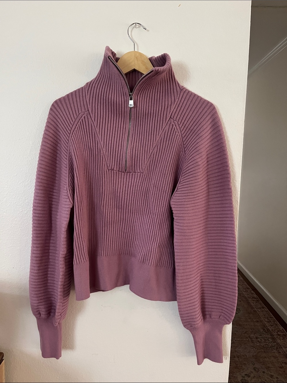 Varley Mauve Ribbed Half-Zip Turtleneck Sweater